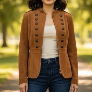 Prosper & Devine Suede Military Jacket Women L Brown Leather Hook Eye Blazer